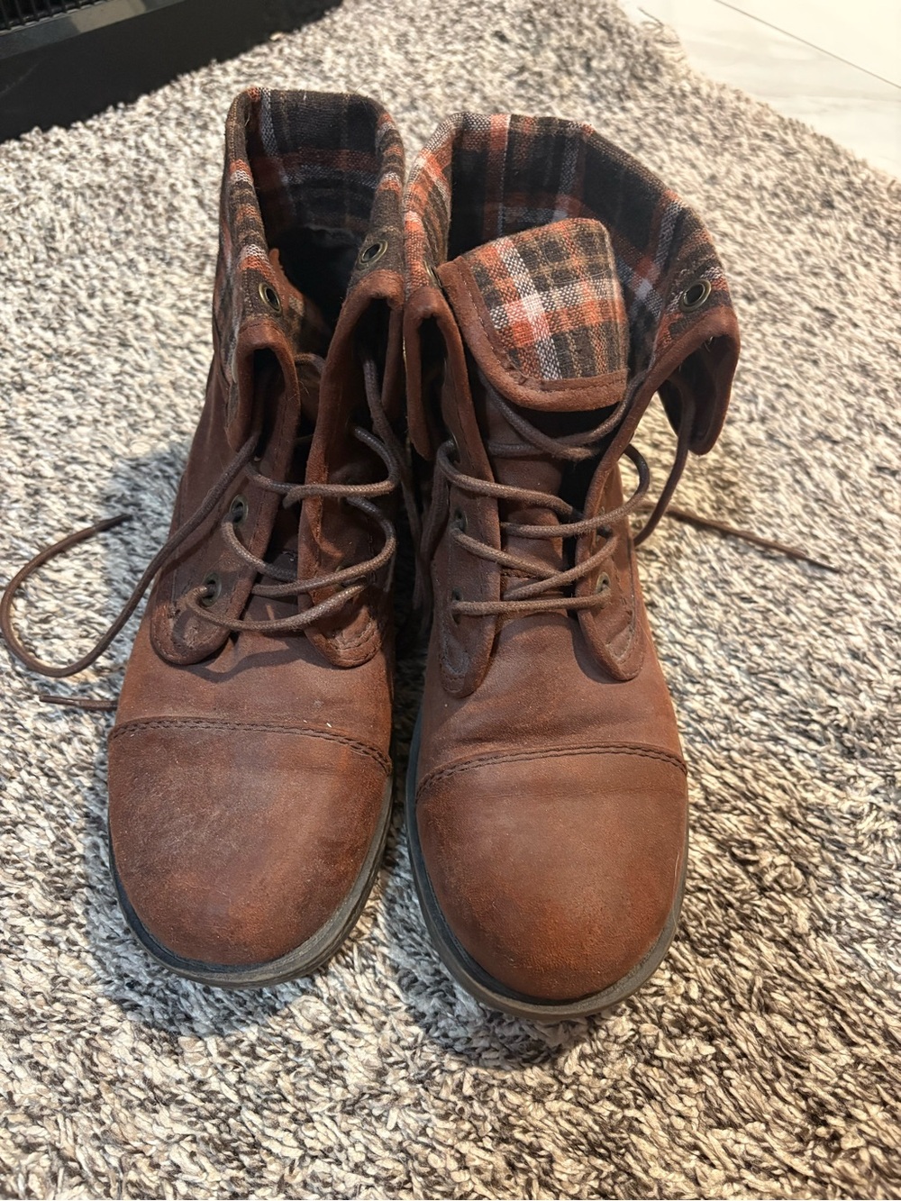 Arizona Jean Company Brown Lace-Up Ankle Boots with Plaid Cuff